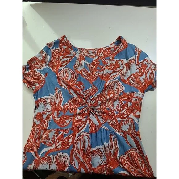 Soft Surroundings Maxi Dress L Blue Red Floral Twist Front Empire Soft Knit - Picture 10 of 14